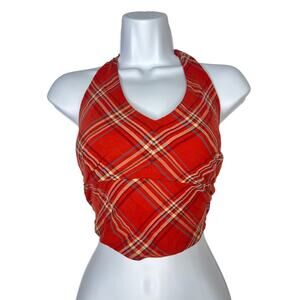 VTG Abercrombie & Fitch Cotton Plaid Burnt Orange Halter Top Y2K sz M Preppy